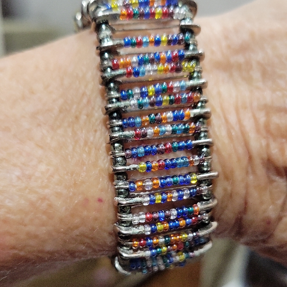 Colorful Vintage Glass  Beaded & Safety Pin Bracelet